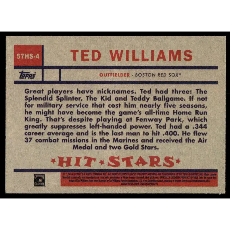 2023 Topps Archives 1957 Hit Stars #57HS-4 Ted Williams NM-MT Boston Red Sox Baseball Card - Baseball Card Single
