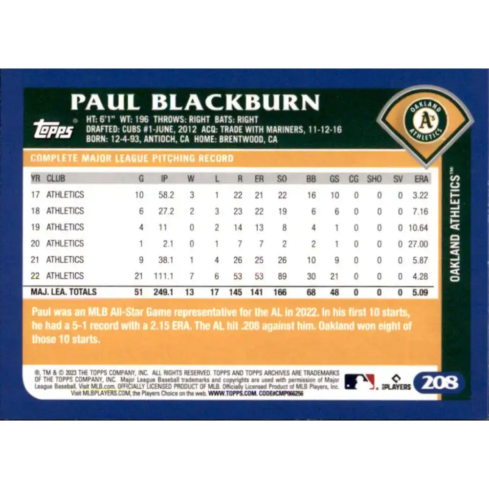 2023 Topps Archives #208 Paul Blackburn NM-MT Oakland Athletics Baseball Card - Baseball Card Single
