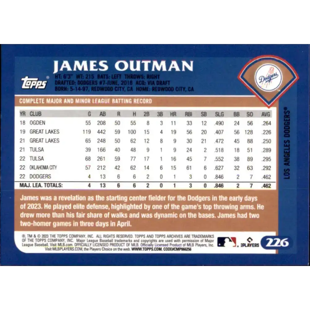2023 Topps Archives #226 James Outman NM-MT RC Rookie Los Angeles Dodgers Baseball Card - Baseball Card Single