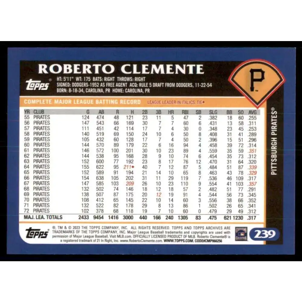 2023 Topps Archives #239 Roberto Clemente NM-MT Pittsburgh Pirates Baseball Card - Baseball Card Single