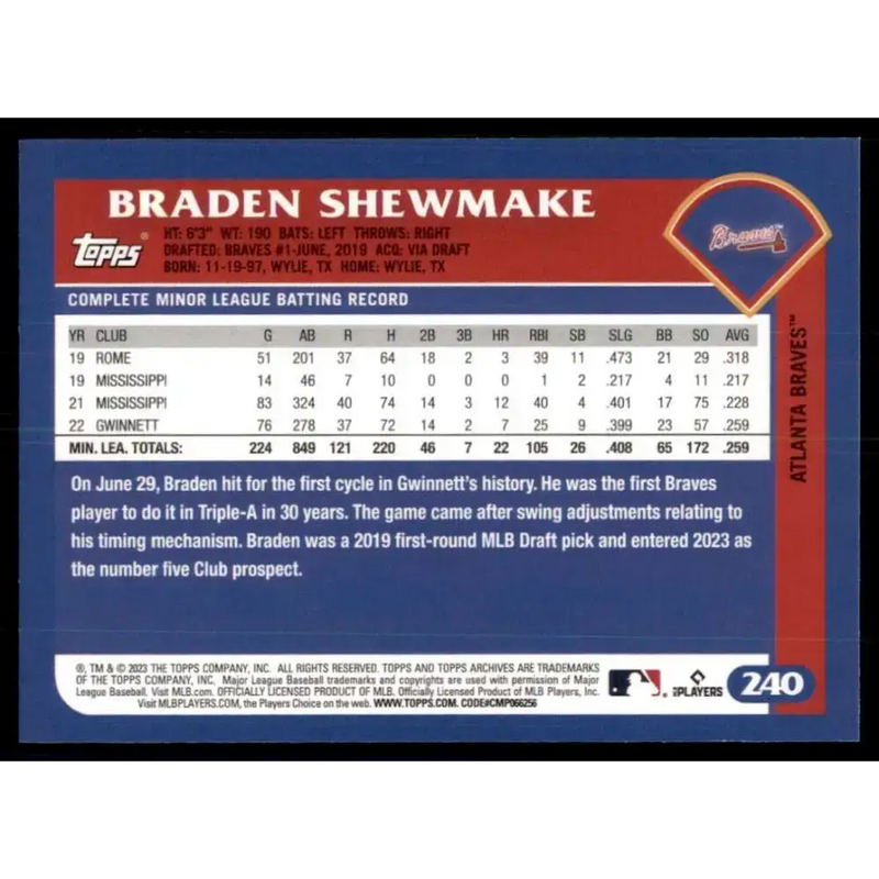2023 Topps Archives #240 Braden Shewmake NM-MT RC Rookie Atlanta Braves Baseball Card - Baseball Card Single