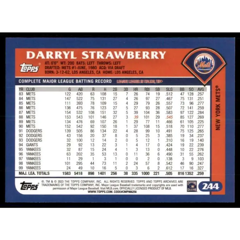 2023 Topps Archives #244 Darryl Strawberry NM-MT New York Mets Baseball Card - Baseball Card Single