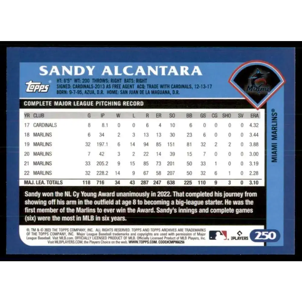 2023 Topps Archives #250 Sandy Alcantara NM-MT Miami Marlins Baseball Card - Baseball Card Single