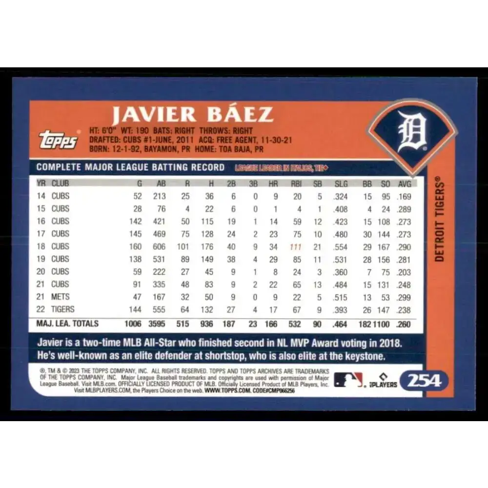 2023 Topps Archives #254 Javier Baez NM-MT Detroit Tigers Baseball Card - Baseball Card Single