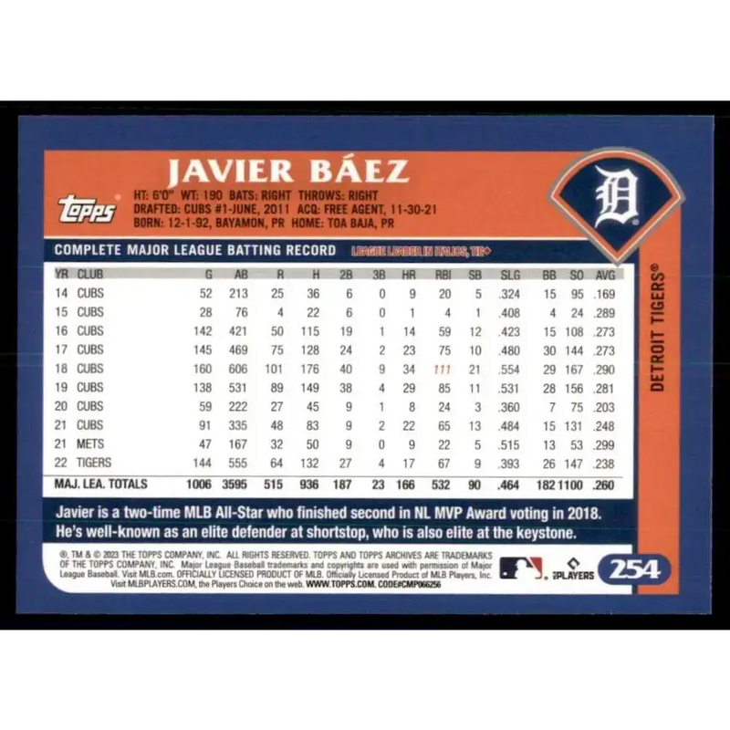2023 Topps Archives #254 Javier Baez NM-MT Detroit Tigers Baseball Card - Baseball Card Single
