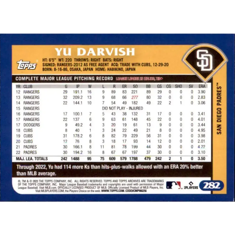 2023 Topps Archives #282 Yu Darvish NM-MT San Diego Padres Baseball Card - Baseball Card Single