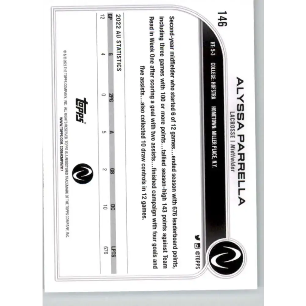 2023 Topps Athletes Unlimited All Sports 146 Alyssa Parrella Lacrosse Card - Lacrosse Card Single