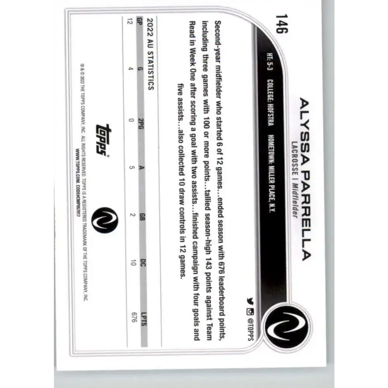 2023 Topps Athletes Unlimited All Sports 146 Alyssa Parrella Lacrosse Card - Lacrosse Card Single