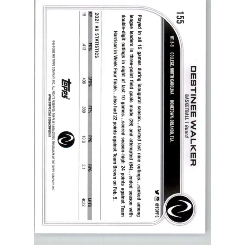 2023 Topps Athletes Unlimited All Sports 155 Destinee Walker Basketball Card - Basketball Card Single