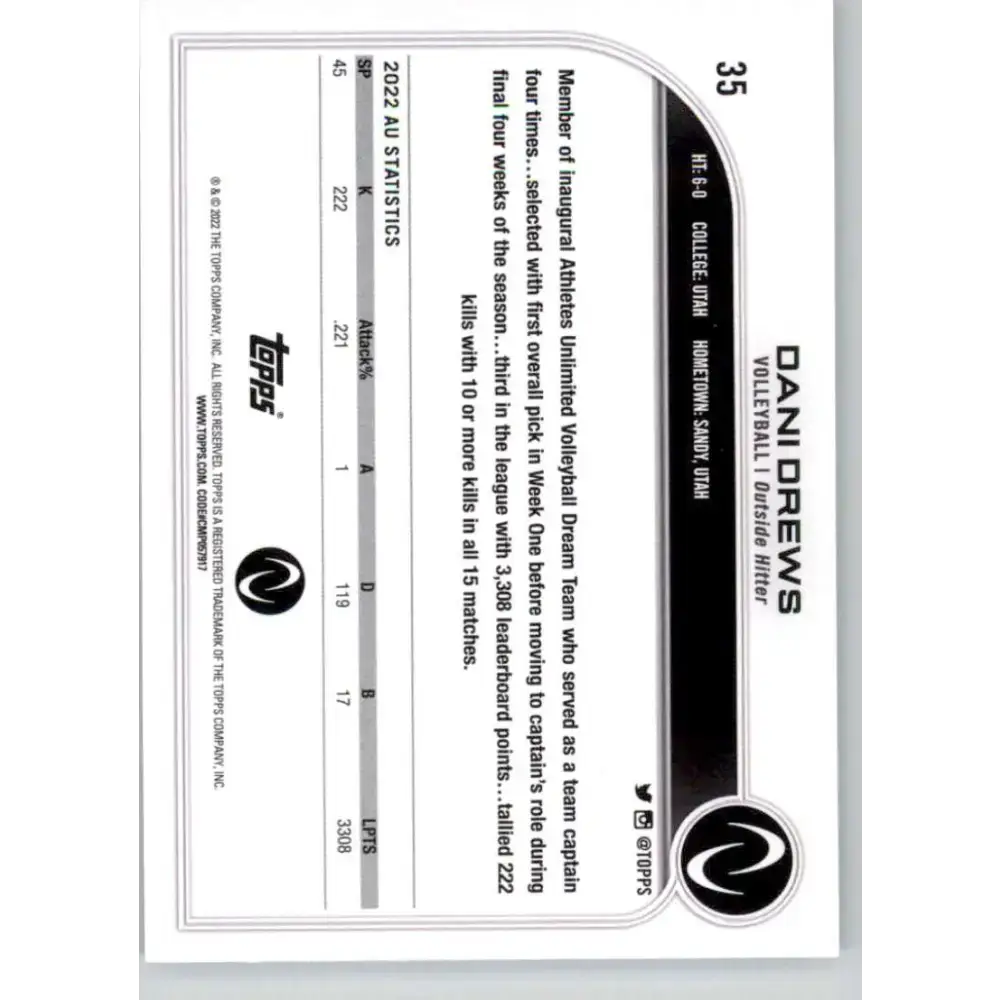 2023 Topps Athletes Unlimited All Sports 35 Dani Drews Volleyball Card - Volleyball Card Single