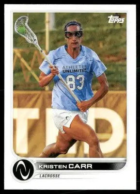 Lacrosse player with stick from 2023 Topps Athletes Unlimited Kristen Carr card