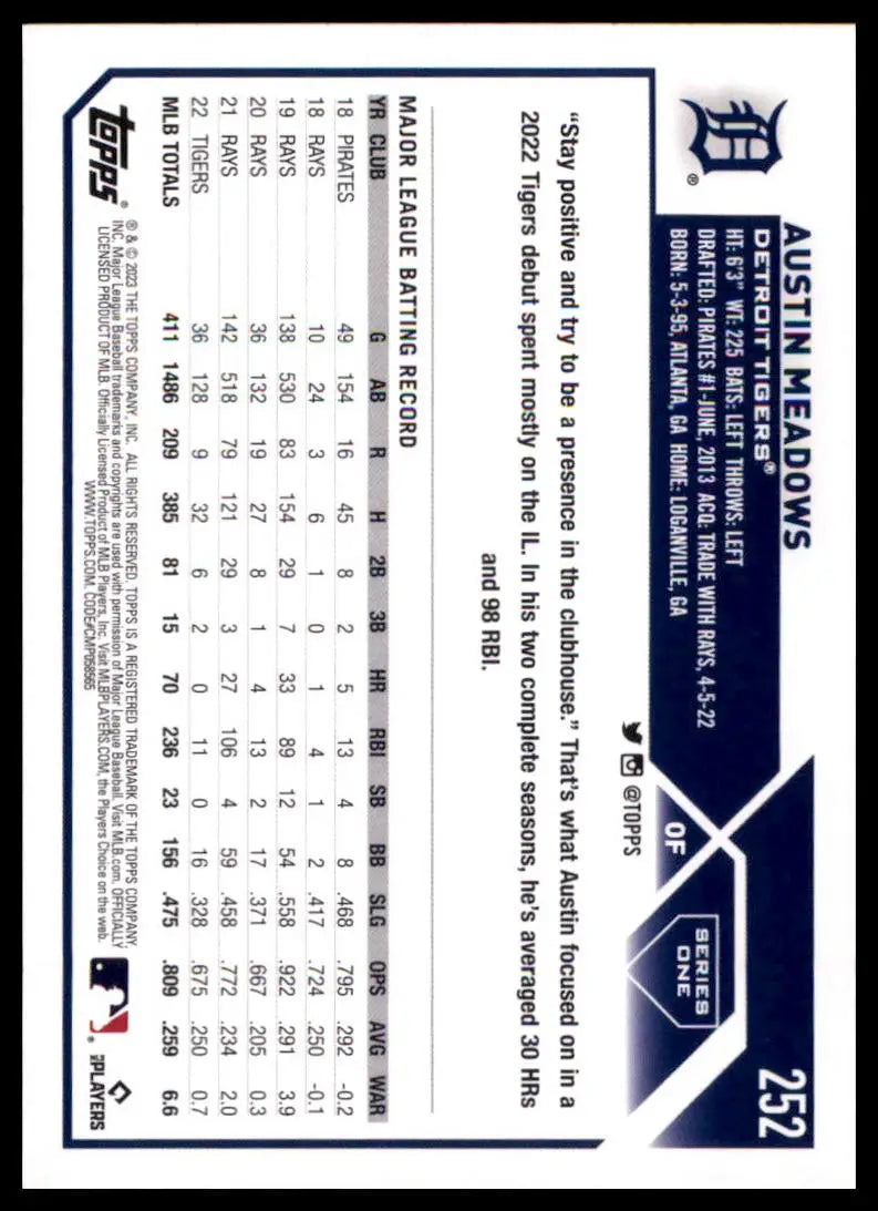 2023 Topps Austin Meadows 252 Detroit Tigers Baseball NM - Baseball Card Single