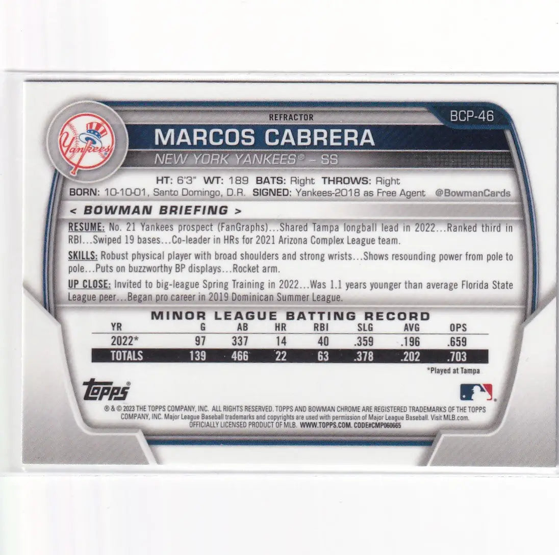 2023 TOPPS #BCP-46 MARCOS CABRERA BOWMAN 1ST CHROME GRASS GREEN- NEW YORK YANKEE - Baseball Card Single