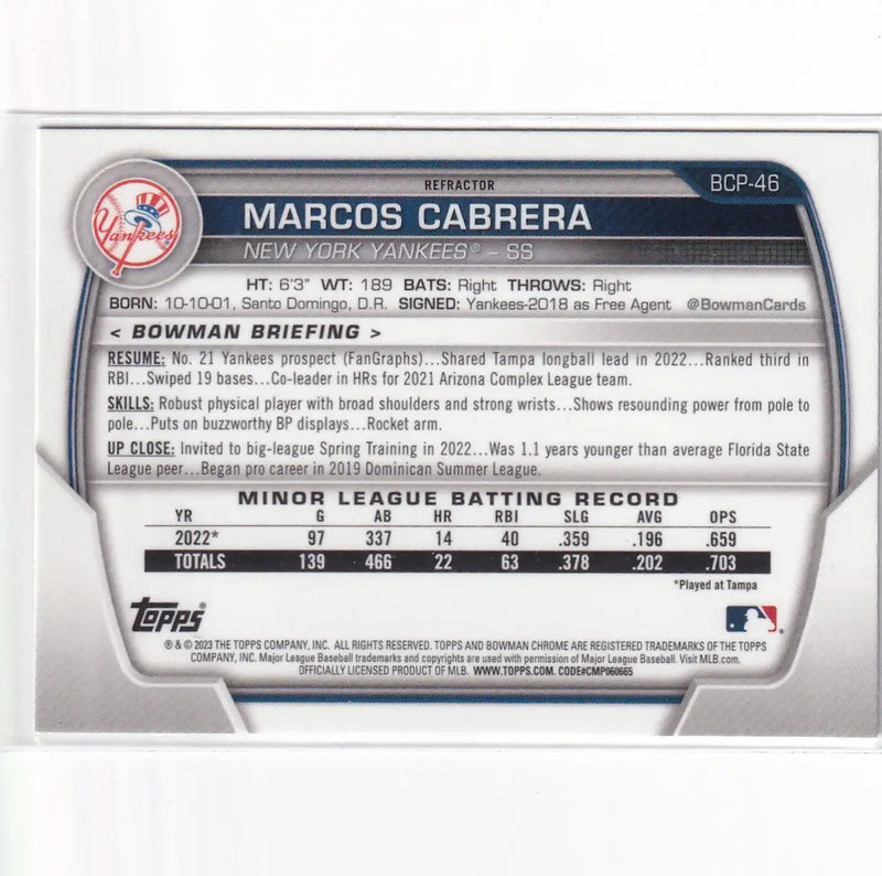 2023 TOPPS #BCP-46 MARCOS CABRERA BOWMAN 1ST CHROME GRASS GREEN- NEW YORK YANKEE - Baseball Card Single