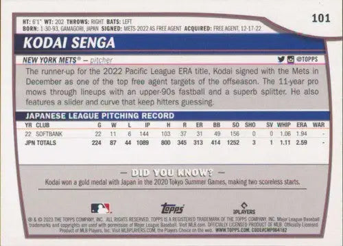 Original gloss of Kodai Senga baseball card from 2023 Topps Big League Mets RC