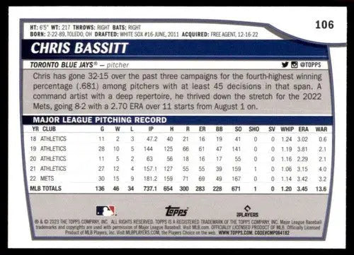 2023 Topps Big League Chris Bassitt baseball card Blue Jays ID 53327 NM-MT