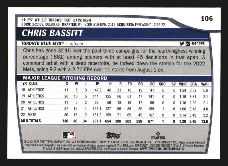 2023 Topps Big League #106 Chris Bassitt Toronto Blue Jays - Baseball Card Single