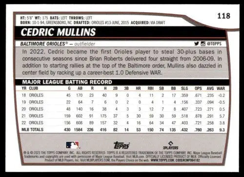2023 Topps Big League #118 Cedric Mullins NM-MT Orioles ID:53342 - Baseball Card Single