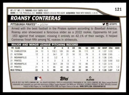 Baseball card back showing 2023 Topps Big League Roansy Contreras NM-MT Pirates ID 51373