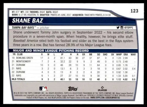 Original gloss of Shane Baz baseball card from 2023 Topps Big League series