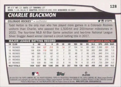 2023 Topps Big League Charlie Blackmon baseball card Rockies NM-MT front view