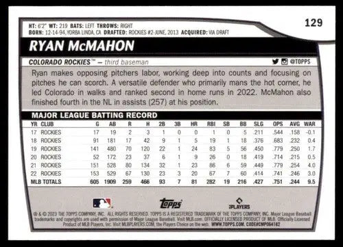 2023 Topps Big League #129 Ryan McMahon NM Near Mint Rockies ID:65199 - Baseball Card Single