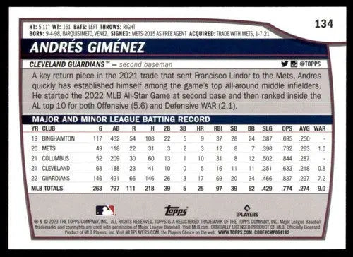 2023 Topps Big League #134 Andres Gimenez NM Near Mint Guardians ID:65200 - Baseball Card Single