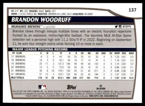 2023 Topps Big League Brandon Woodruff baseball card Brewers NM-MT product ID 51453