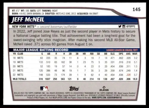 Original gloss 2023 Topps Big League Jeff McNeil Mets baseball card NM-MT