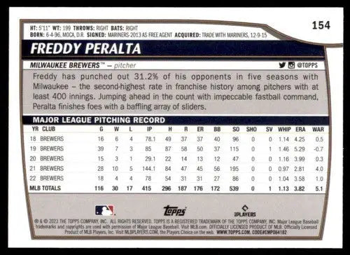 2023 Topps Big League #154 Freddy Peralta NM-MT Brewers ID:51520 - Baseball Card Single
