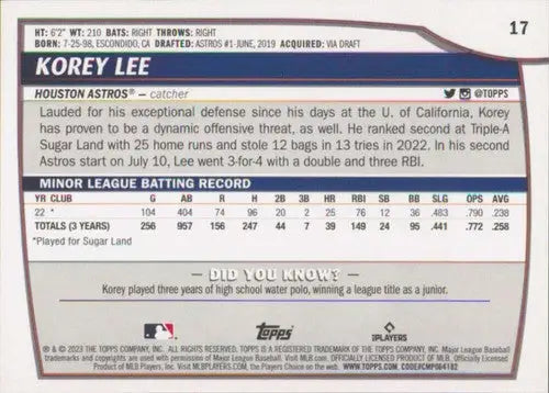 2023 Topps Big League #17 Korey Lee NM Near Mint RC Rookie Astros ID:65181 - Baseball Card Single