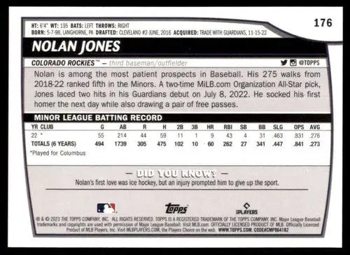 2023 Topps Big League Baseball Card Back with Original Gloss for Nolan Jones Rookie