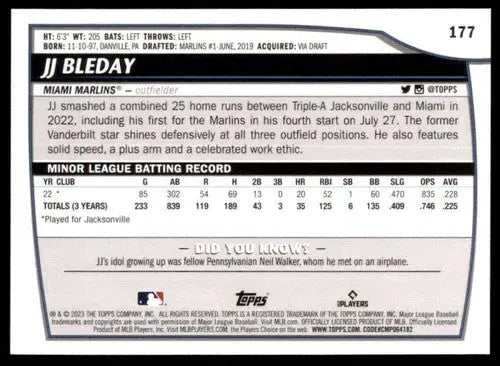 2023 Topps Big League #177 JJ Bleday NM-MT RC Rookie Marlins ID:51535 - Baseball Card Single