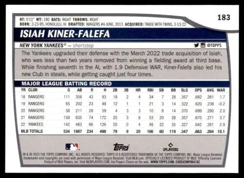 2023 Topps Big League #183 Isiah Kiner-Falefa NM-MT Yankees ID:51513 - Baseball Card Single