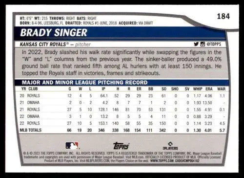 2023 Topps Big League #184 Brady Singer NM-MT Royals ID:51525 - Baseball Card Single
