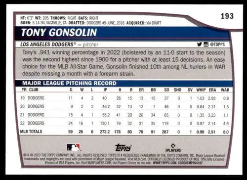 Original gloss 2023 Topps Big League Tony Gonsolin Dodgers baseball card image