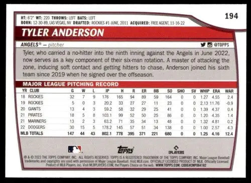 2023 Topps Big League #194 Tyler Anderson NM-MT Angels ID:51524 - Baseball Card Single