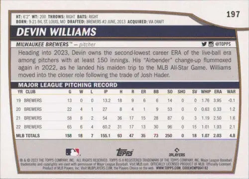 2023 Topps Big League #197 Devin Williams NM-MT Brewers ID:56414 - Baseball Card Single