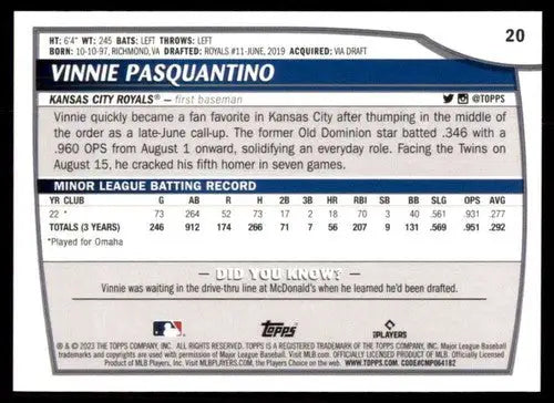 2023 Topps Big League #20 Vinnie Pasquantino NM-MT RC Rookie Royals ID:51439 - Baseball Card Single