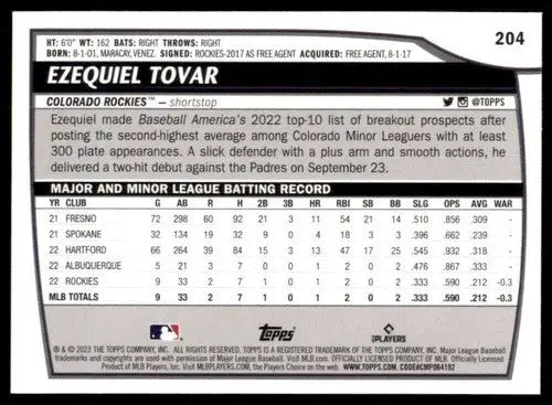 2023 Topps Big League #204 Ezequiel Tovar NM-MT RC Rookie Rockies ID:56417 - Baseball Card Single