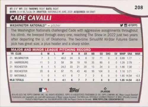 Original gloss Cade Cavalli baseball card from 2023 Topps Big League RC series