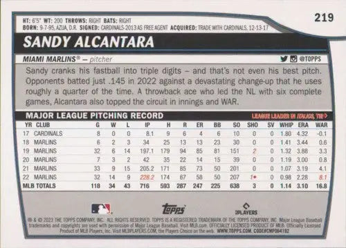 2023 Topps Big League #219 Sandy Alcantara NM-MT Marlins ID:51407 - Baseball Card Single