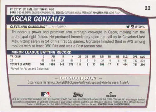 Óscar González baseball card from 2023 Topps Big League, NM-MT RC Rookie Guardians