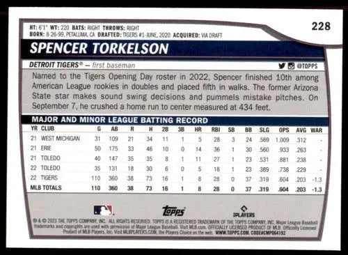 Baseball card back from 2023 Topps Big League Spencer Torkelson Tigers NM-MT