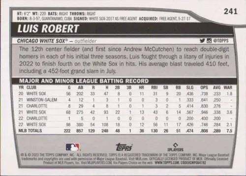 Luis Robert baseball card from 2023 Topps Big League with original gloss and White Sox ID