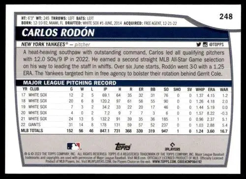 Original gloss of Carlos Rodon baseball card from Topps Big League 2023 New York Yankees
