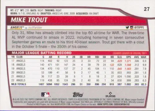 Original gloss 2023 Topps Big League Mike Trout baseball card Angels ID 56308