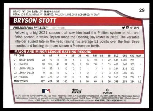 2023 Topps Big League #29 Bryson Stott NM-MT Phillies ID:51348 - Baseball Card Single