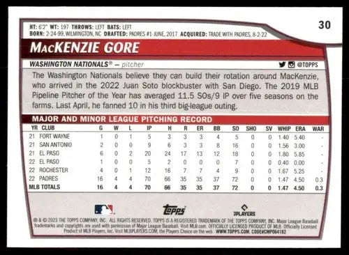 Baseball card back showcasing 2023 Topps Big League MacKenzie Gore Nationals ID:51444 with original gloss