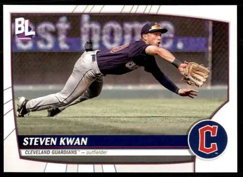 Baseball card featuring Steven Kwan from 2023 Topps Big League Guardians product